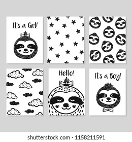 Set of hand drawn cute baby sloths, clouds, stars in the scandinavian style. It's a girl, It's a boy illustrated cards and other designs with funny sloth face. Adorable vector animals