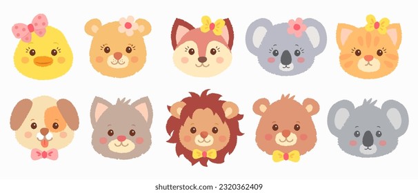 Set of hand drawn cute baby animals isolated on background. Vector illustration of cartoon fox, lion, dog, cat, chicken, koala and bear