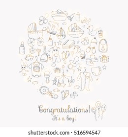 Set of hand drawn cute baby shower icons. Kids care elements. Vector illustration. it's a baby boy design symbols. Children clothing, toy, bib, nappy, carriage, socks, bottle, baby foot print, boat