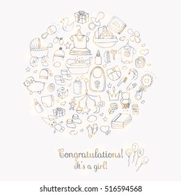 Set of hand drawn cute baby shower icons. Kids care elements. Vector illustration. it's a baby girl design symbols. Children clothing, toy, bib, nappy, carriage, socks, bottle, baby foot print, dress