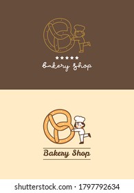 Set Hand Drawn Cute Bakery Shop Pretzel With Little Chef And Five Stars Logo Template Cartoon Art Illustration Design