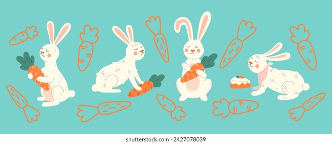 Set of hand drawn cute bunnies with carrots.