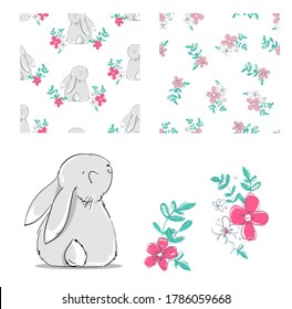 Set Hand Drawn Cute Bunny and flowers. Print design rabbit. Children Print on t-shirt. Seamless Pattern Vector illustration