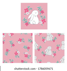 Set Hand Drawn Cute Bunny and flowers. Print design rabbit. Children Print on t-shirt. Seamless Pattern Vector illustration