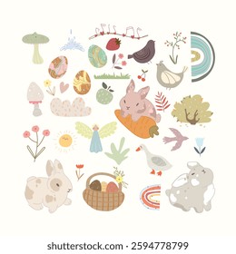 Set with hand drawn cute bunny, eggs, cartoon nature. Kids set with cute animals and plants.