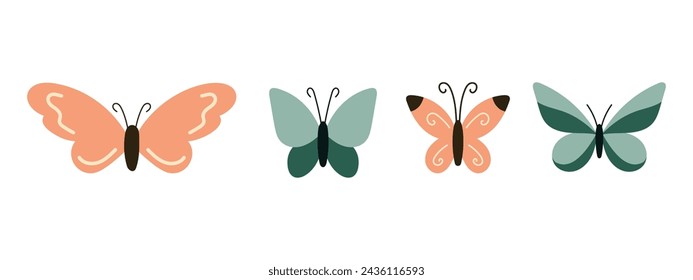 Set of hand drawn cute butterflies. Cartoon character for kids cards, baby shower, invitation, poster. Vector stock illustration