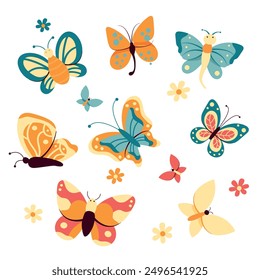 
Set of hand drawn cute butterflies, isolated on the white background. Cartoon character for kids cards, baby shower, invitation, poster. Vector stock illustration