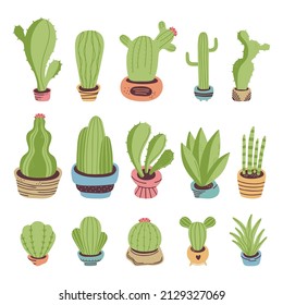 Set of hand drawn cute cacti in pots, succulent flowers isolated on a white background. Doodle, simple flat illustration. It can be used for decoration of textile, paper and other surfaces.