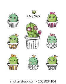 Set of hand drawn cute cactuses with funny faces in pots. Sketch, floral elements for your design. Vector illustration.