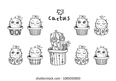 Set of hand drawn cute cactuses with funny faces in pots. Sketch, floral elements for your design. Black and white illustration. Vector.