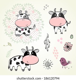 Set of  hand drawn cute calves cartoons.