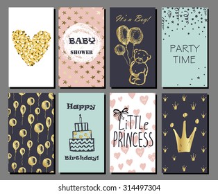 Set of hand drawn cute cards with gold Confetti glitter and foil. Perfect for baby shower, birthday, party invitation. For boys and girls.