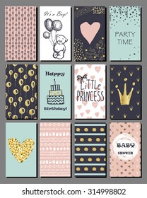 Set of hand drawn cute cards with gold Confetti glitter and foil. Perfect for baby shower, birthday, party invitation. For boys and girls.