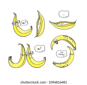 Set of hand drawn cute cartoon bananas. Vector illustration.