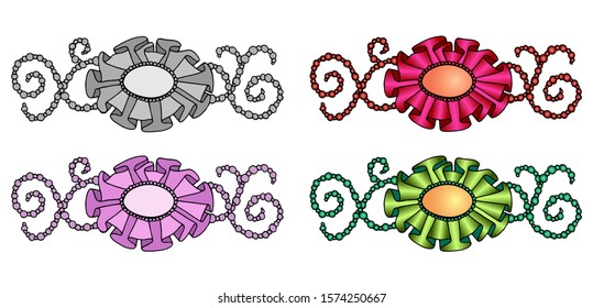 Set of hand drawn cute cartoon frames with textile frills, pearls and beads. Isolated colorful copy space template vector illustration