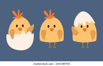 Set of hand drawn cute cartoon chicks and eggshells flat style, vector illustration isolated on blue background. Smiling little birds waving, design element for kids