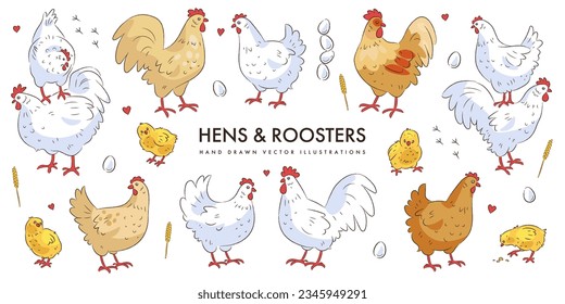 Conjunto de lindas gallinas de dibujos animados dibujadas a mano y gallos aislados en el fondo blanco. Esbozar colección de pollo de garrapatas. Ave de granja. Aves de corral. Ilustración del vector