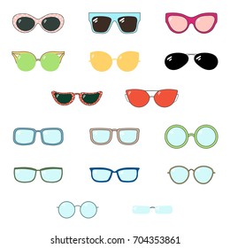 Set of hand drawn cute cartoon glasses and sunglasses of various colours and shapes. Isolated objects on white background. Vector illustration Design elements.