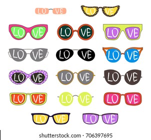 Set of hand drawn cute cartoon sunglasses of various colours and shapes, with word Love written inside the lenses. Isolated objects on white background. Vector illustration Design elements.