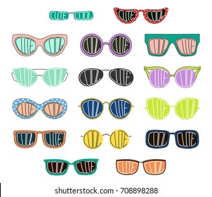 Set of hand drawn cute cartoon sunglasses of various colours and shapes, with words Cool and Cute written inside the lenses. Isolated objects on white background. Vector illustration Design elements.