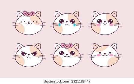 Set of hand drawn cute cat emoticons in cartoon style for kids textile, children room, baby shower, nursery decoration.