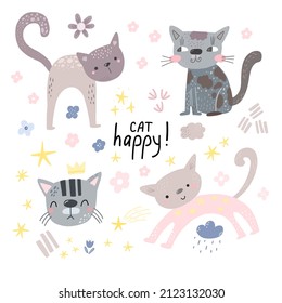 Set hand drawn cute cats. Vector set with cute cat for fabric, textile and wallpaper design. Vector cat in scandinavian style.