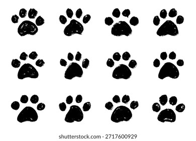 Set handgezeichnete niedliche Katzenpfote Katze, Hund, Tierfußabdruck im Doodle-Stil Einzelelement für Print, Web, Design, Dekor, Grußkarten, Kinderabdrücke