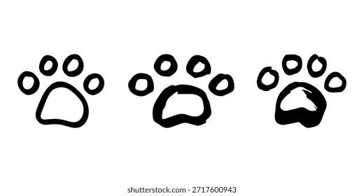Set handgezeichnete niedliche Katzenpfote Katze, Hund, Tierfußabdruck im Doodle-Stil Einzelelement für Print, Web, Design, Dekor, Grußkarten, Kinderabdrücke