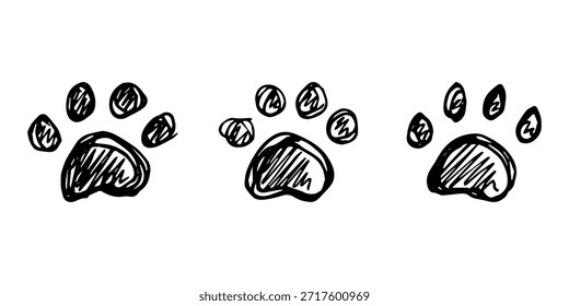 Set of hand drawn cute cat's paw Cat, dog, animal footprint in doodle style Single element for print, web, design, decor, greeting cards, children's prints