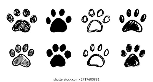 Set handgezeichnete niedliche Katzenpfote Katze, Hund, Tierfußabdruck im Doodle-Stil Einzelelement für Print, Web, Design, Dekor, Grußkarten, Kinderabdrücke