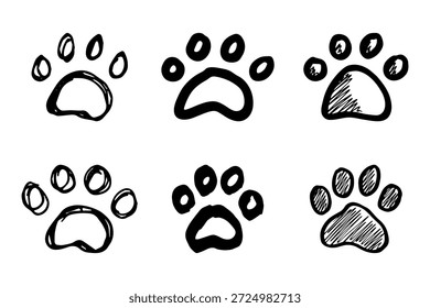 Conjunto de mão desenhada pata de gato bonito gato, cão, pegada animal em estilo doodle Elemento único para impressão, web, design, decoração, cartões de saudação, impressões infantis