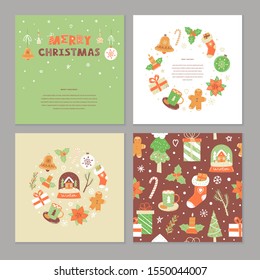 Set of hand drawn cute Christmas templates. Christmas seamless vector pattern. Winter holiday text circle flat frame. Vector design for wrapping paper, t-shirt print, postcard, poster, invitation