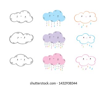 Set of hand drawn cute clouds. Vector illustration.