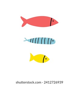 Set of hand drawn cute colored fish isolated on a white background. Doodle, simple flat illustration. It can be used for decoration of textile, paper and other surfaces.