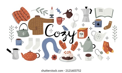 Set of hand drawn cute cozy time objects in cartoon flat style, isolated vector illustrations