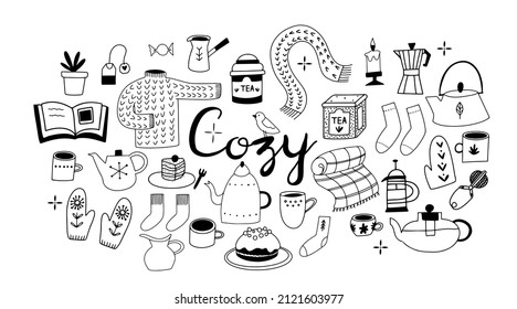 Set of hand drawn cute cozy time objects in line style, isolated vector illustrations