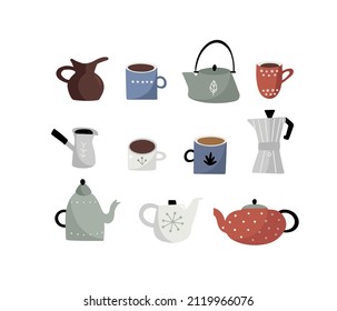 Set of hand drawn cute different  teapots, mugs and cups  in cartoon flat style, isolated vector illustration