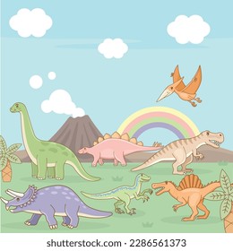 Set of hand drawn cute dinosaurs in pastel colour. 