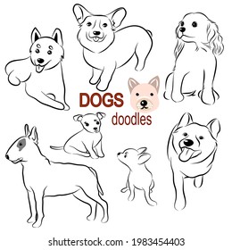 Set of hand drawn cute dogs doodles. Vector illustration on white background.