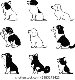 Set of hand drawn cute dogs sitting in side view illustrations with only outlines