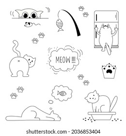 A set of hand drawn cute doodle cats. Children illustration. May be used as sticker, greeting card, postcard template. Isolated on white.