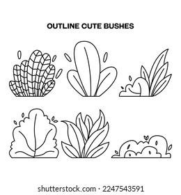 Set of hand drawn cute doodle bush, grass in outline style. Recolorable artwork, suitable for coloring book children