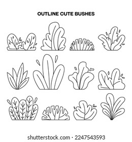 Set of hand drawn cute doodle bush, grass in outline style. Recolorable artwork, suitable for coloring book children