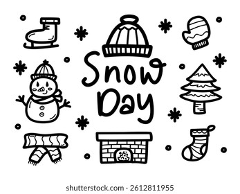Set of hand drawn cute doodle snow day	
