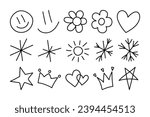 Set of hand drawn cute doodles for kids. Decorative elements - flowers, stars and snowflakes. Collection of baby doodle illustrations isolated on white background - hearts, smilies, crowns and so on. 