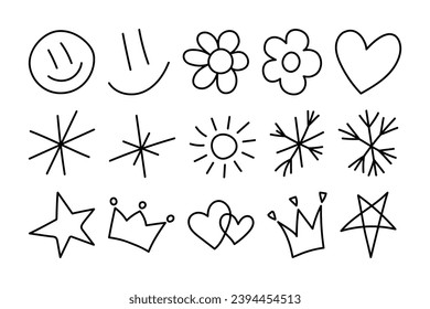 Set of hand drawn cute doodles for kids. Decorative elements - flowers, stars and snowflakes. Collection of baby doodle illustrations isolated on white background - hearts, smilies, crowns and so on. 