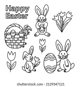Set of hand drawn cute easter elements. Rabbit, basket with eggs, tulips.. Black and white.  Vector illustration in doodle style on white background. 