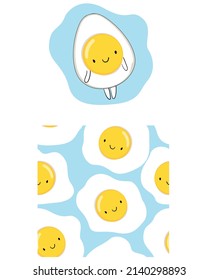 Set Hand drawn cute egg on blue background seamless pattern vector illustration