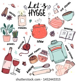 Set of hand drawn cute elements for making cosy mood. Hygge meaning in danish creating a warm atmosphere and enjoying the good things