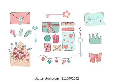 Set of hand drawn cute elements for Saint Valentines Day. Different types of vector letters, keys and presents are included. Cartoon style. Perfectly fits for scrapbooking